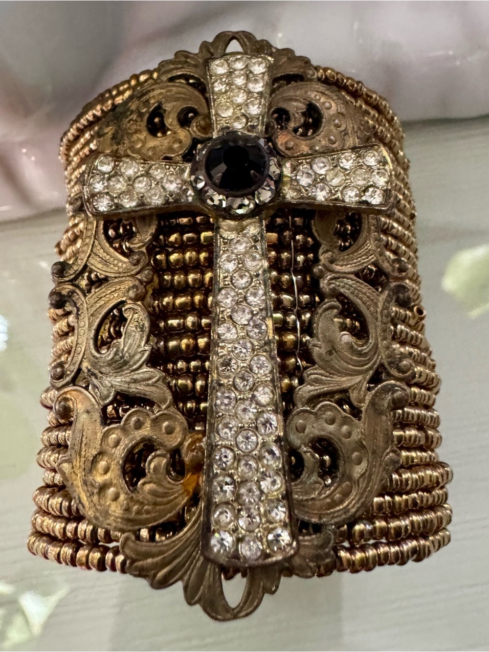 Embellished Beaded Cuff Bracelet with Rhinestone Cross